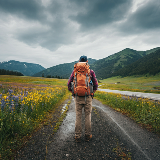 Contemplating the Peaks: A Hiker Finds Tranquility in a Field of Wildflowers