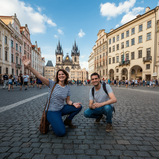 Prague Romance: A Couple’s Playful Pose in Front of the Týn Church