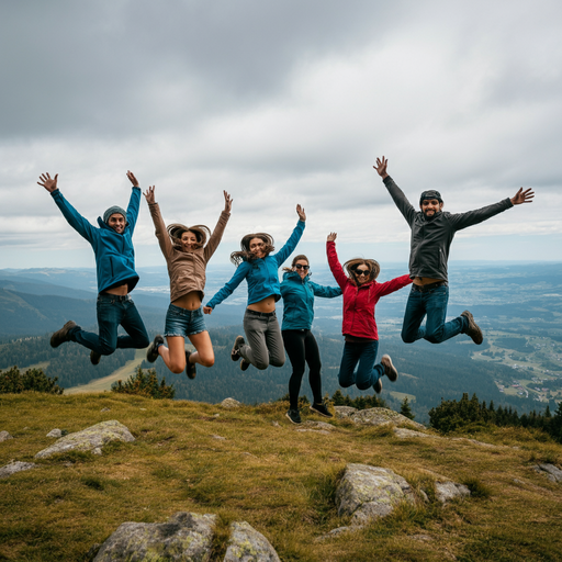 Mountaintop Joy: Friends Celebrate with a Leap of Freedom