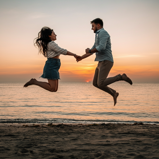 Sunset Silhouette: A Couple’s Joyful Leap