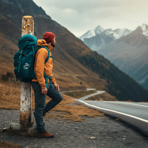 Contemplating the Peaks: A Hiker Finds Tranquility on a Winding Mountain Road