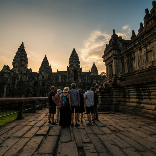 Silhouettes of Awe: Tourists at Angkor Wat Sunset