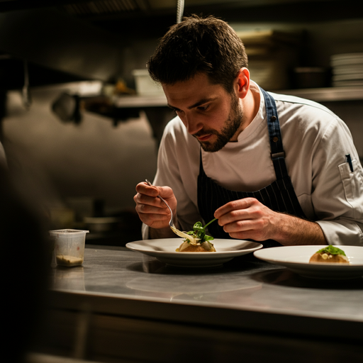 The Art of Plating: A Chef’s Focused Precision in Dimly Lit Kitchen