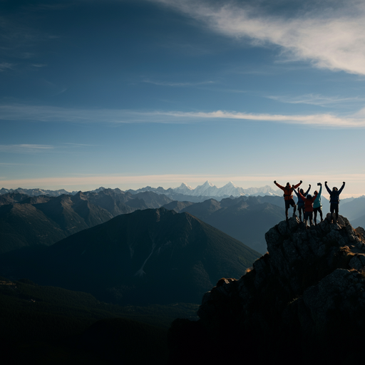 Conquering the Summit: Hikers Silhouetted Against a Majestic Mountain Range