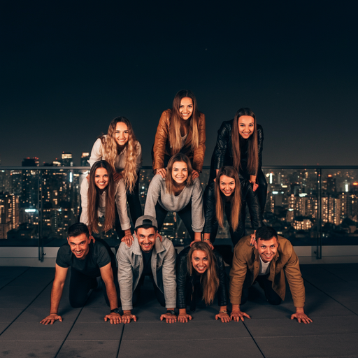 Friends Strike a Pose on Rooftop with City Lights as Their Backdrop