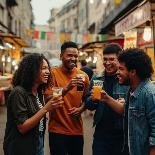 Laughter and Camaraderie: Friends Celebrate in a Bustling Market