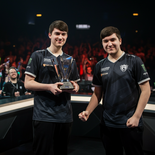 Champions Crowned: Esports Duo Celebrate Victory on Stage