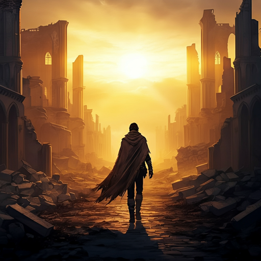 Hope Amidst the Ruins: A Lone Figure Walks Towards the Sunset