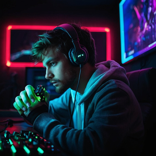 Neon Glow, Intense Focus: Gamer Lost in the Digital World