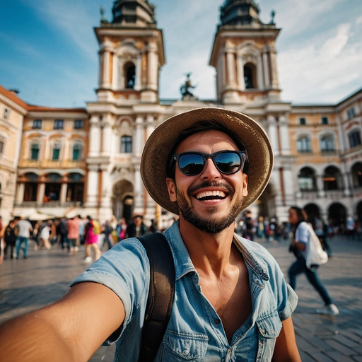 Sun-Kissed Selfie: Capturing Joy in Front of a Majestic Building