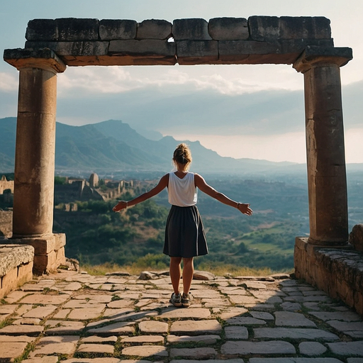 Golden Hour Serenity: A Woman Finds Peace in Ancient Ruins