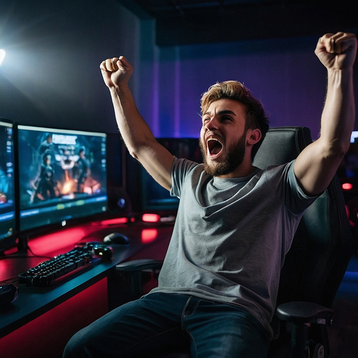 Victory is Sweet: Gamer Celebrates Triumph in Lit Scene