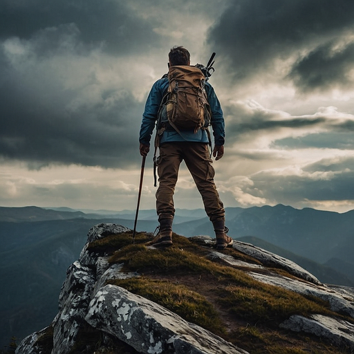 A Lone Hiker Contemplates the Stormy Peaks