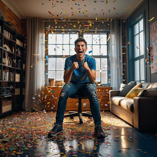 Confetti Shower of Joy: Man Celebrates in a Sunlit Living Room