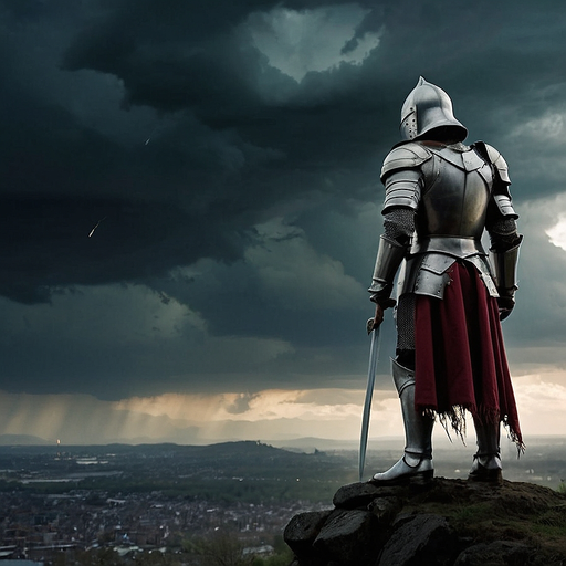 A Knight’s Vigil: Stormy Skies and a City Below