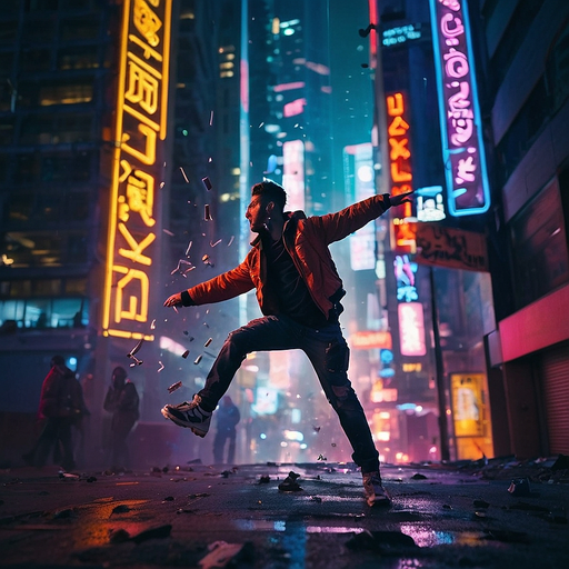 Neon City Leap: A Man Defies Gravity in a Futuristic Urban Landscape