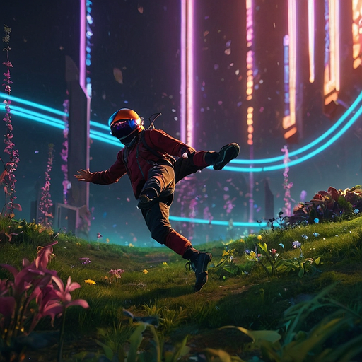 Astronaut Leaps into a Neon-Lit Alien Landscape