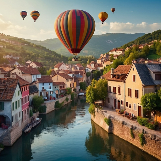 Hot Air Balloon Soars Over Tranquil European Town