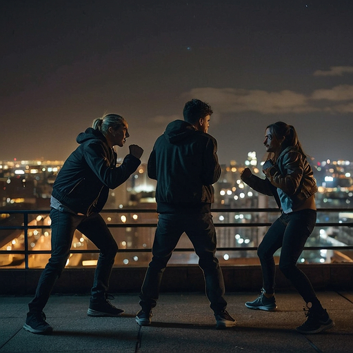 Silhouettes of Danger: Rooftop Showdown Under City Lights