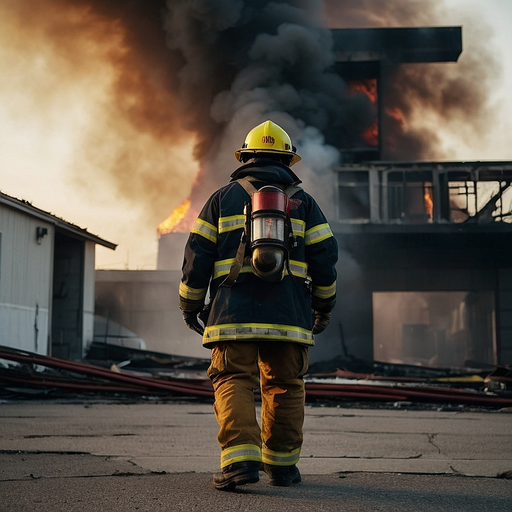 Heroic Firefighter Silhouetted Against Blazing Inferno