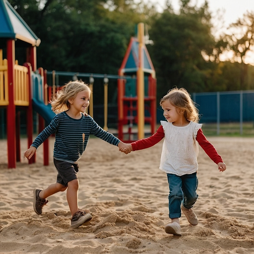 Childhood Joy: Two Girls Running Free on a Sunny Playground