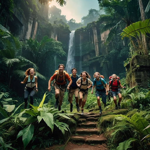 Adventure Awaits: Young Explorers Charge Towards a Lush Waterfall