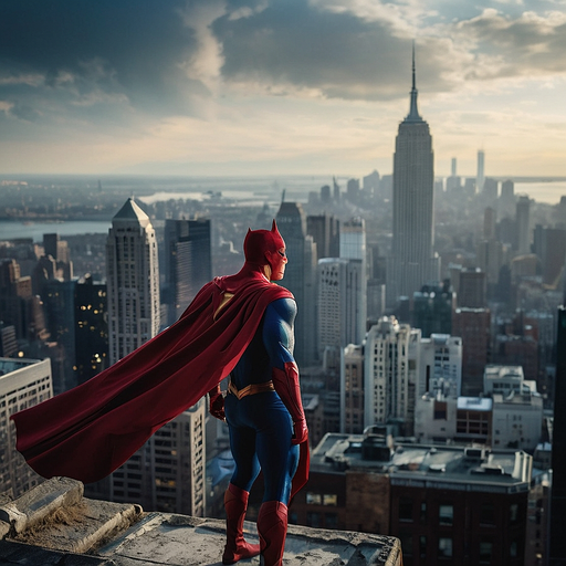 Heroic Stance: A Superhero Dominates the Skyline