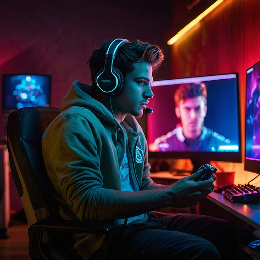 Immersed in the Game: Neon Lights Illuminate a Gamer’s Focus