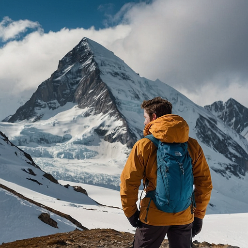 A Lone Hiker Contemplates the Majesty of Snowy Peaks