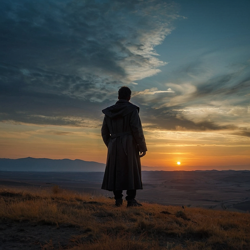 Silhouetted Figure Contemplates a Serene Sunset