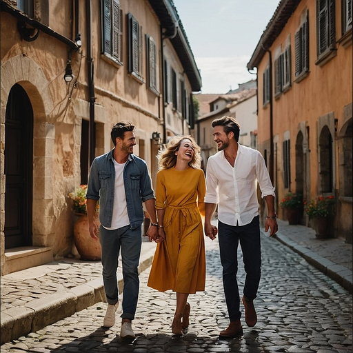 Three Friends, Laughter, and Cobblestone Charm