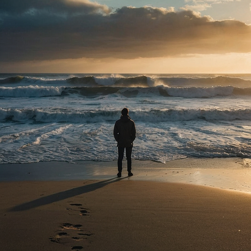 Solitude at Sunset: A Figure Contemplates the Turbulent Sea