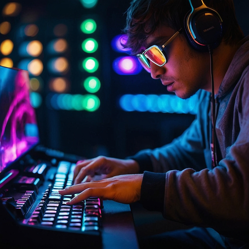 Lost in the Code: A Young Man’s Intense Focus Under Neon Lights