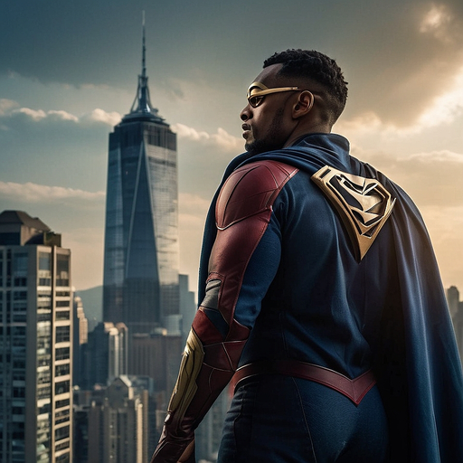 Heroic Stance: A Superhero Commands the Cityscape