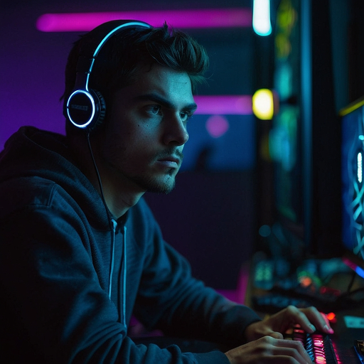 Lost in the Digital World: A Gamer’s Focus Under Neon Lights