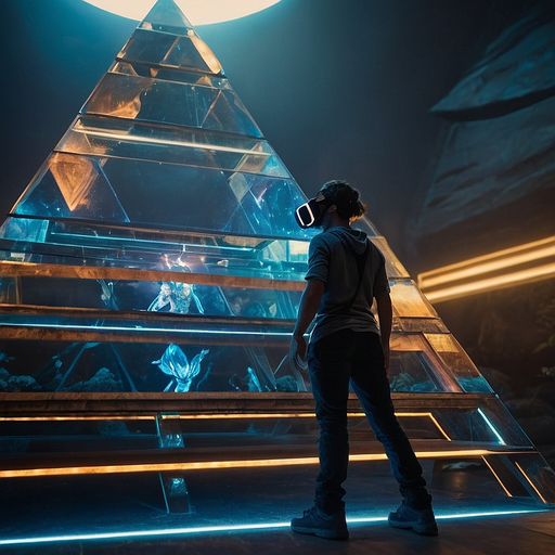 Lost in the Digital Labyrinth: A Man and a Glowing Pyramid