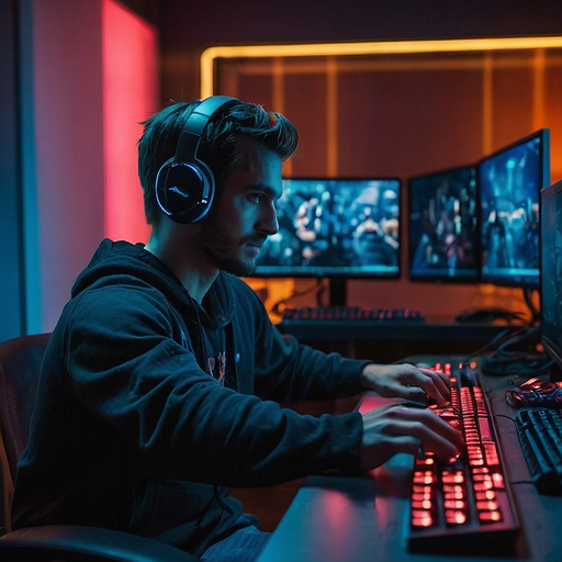 In the Zone: A Gamer’s Intense Focus Under Neon Lights