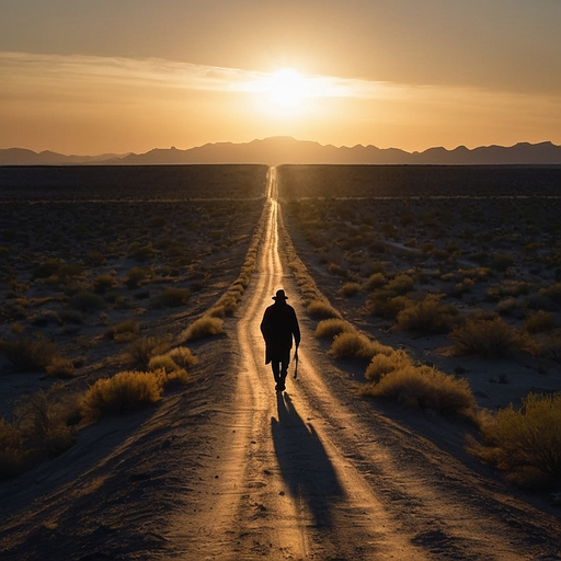 Silhouetted Journey: A Lone Figure Walks Towards the Setting Sun