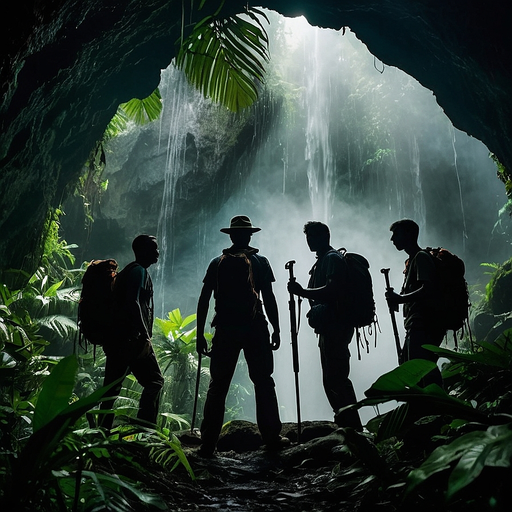 Silhouettes of Adventure: Hikers Embrace the Misty Waterfall