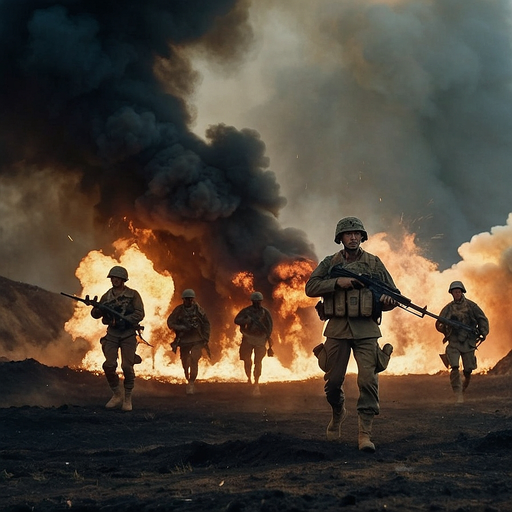 Through the Smoke and Fire: Soldiers Advance in a Chaotic Battlefield