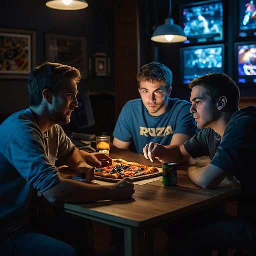 Pizza, Friends, and Blue Light: A Moment of Camaraderie