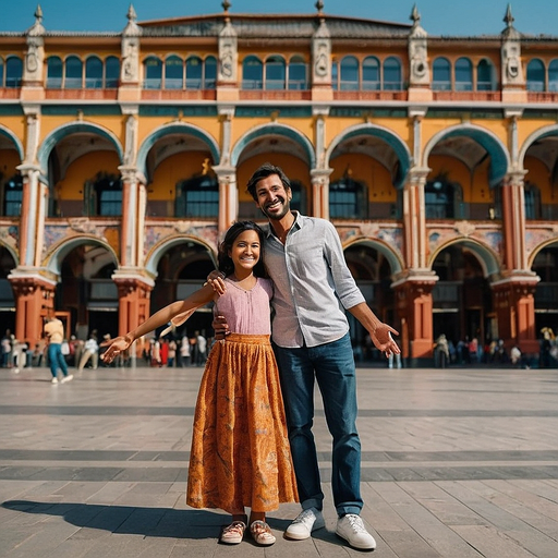 A Moment of Joy in a Colorful Courtyard