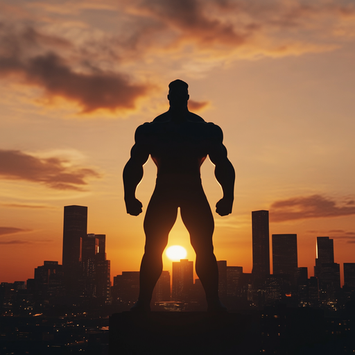 Silhouette of Power: A Hero Stands at Sunset