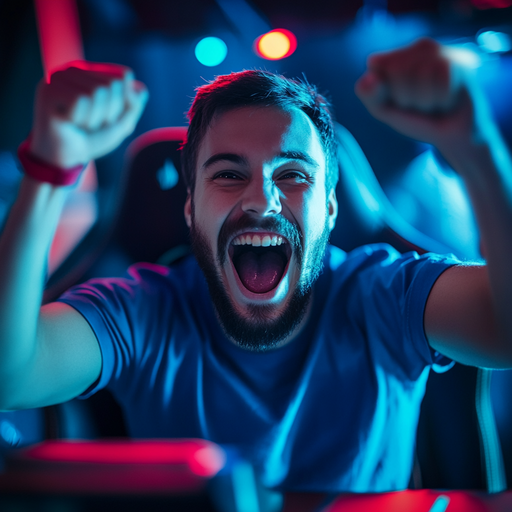 Victory Dance! Gamer Celebrates Triumph in a Blaze of Blue and Red