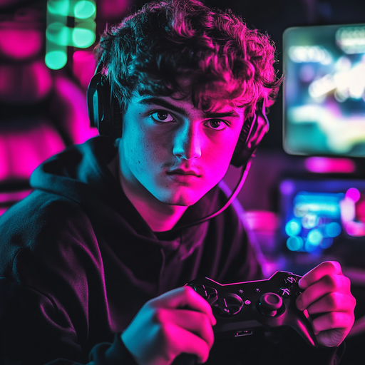 Neon Intensity: Gamer’s Focus in a Futuristic World