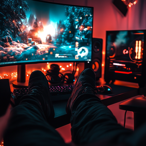 Gamer’s Paradise: Red and Orange Lights Illuminate a Relaxed Workspace