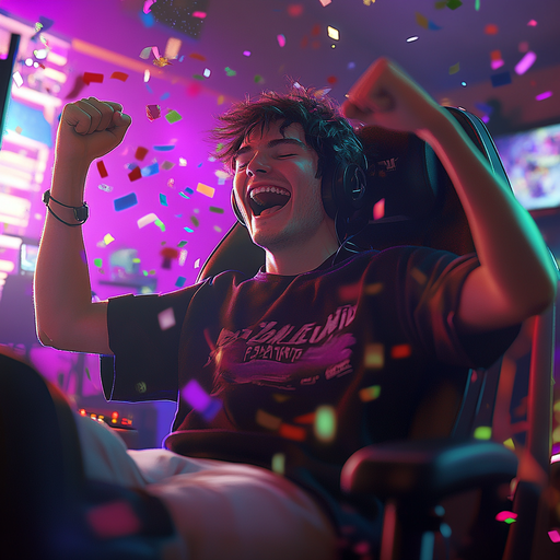 Victory Dance! Gamer Celebrates Triumph Amidst Confetti Shower