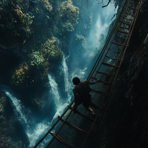 A Solitary Figure Conquers the Waterfall