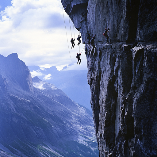 Precarious Descent: Climbers Brave a Sheer Cliff Face