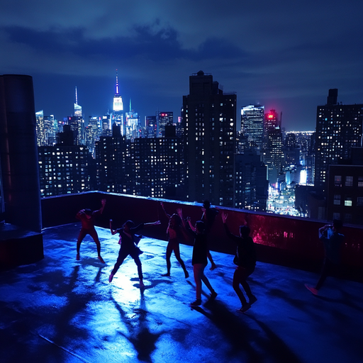 Silhouettes Against the City Lights: A Rooftop Dance Under the Stars